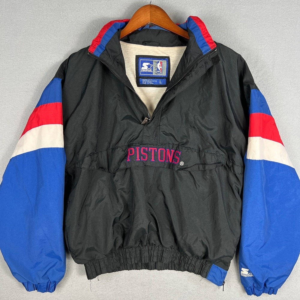 VTG Detroit Pistons Starter Jacket Mens L 1990s NBA 1/4 Zip Pullover Hooded